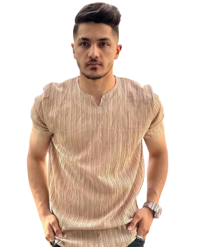 تیشرت یقه کوبایی کرمی