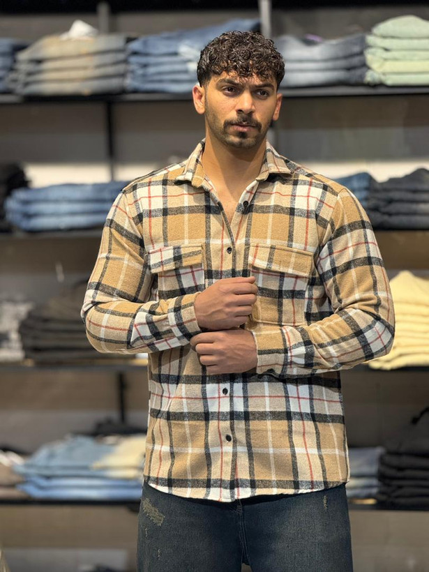 پیراهن چهار خونه پشمی گرم گرم بالا کرم