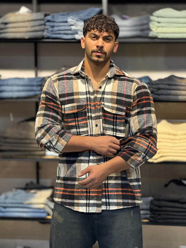 پیراهن چهار خونه پشمی گرم گرم بالا نارنجی کرم