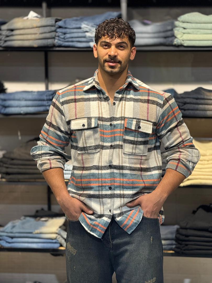 پیراهن چهار خونه پشمی گرم گرم بالا نارنجی طوسی