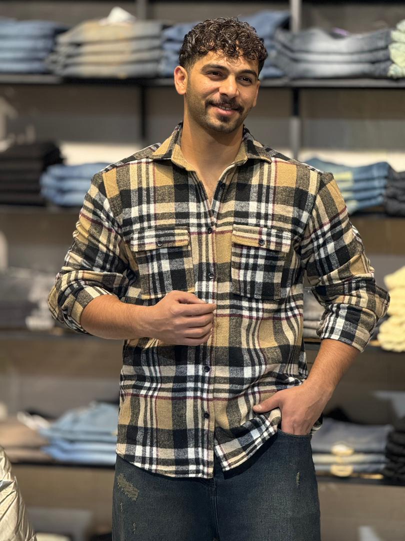 پیراهن چهار خونه پشمی گرم گرم بالا نسکافه ای